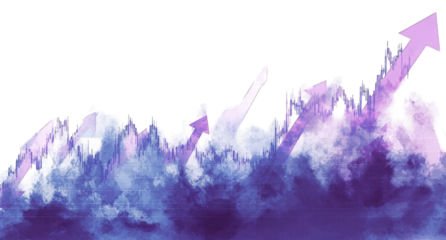 Abstract graphic of a rising trend, depicted by upward arrows emerging from a cloud of purple and blue smoke