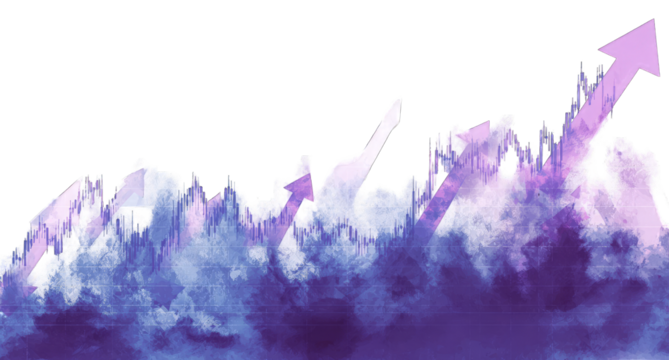 Abstract graphic of a rising trend, depicted by upward arrows emerging from a cloud of purple and blue smoke - Powered by Adobe
