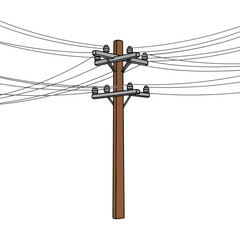 Isolated telephone pole featuring multiple wires against white background. Telephone pole stands tall, showcasing intricate network with several cables and insulators attached.