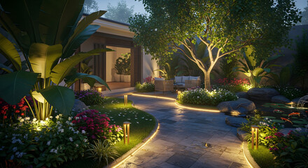 Obraz premium Tranquil Lit Garden with Stone Path, Lush Foliage, and Peaceful Backyard Pond