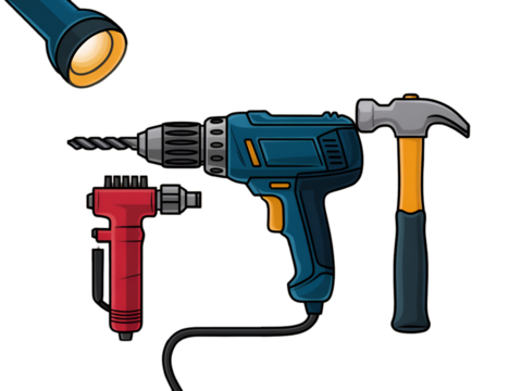 Blue drill red tool hammer spotlight isolated on a transparent background image - Powered by Adobe