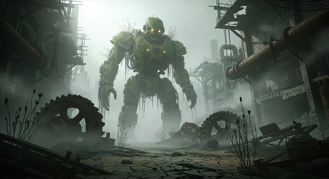 Giant Robot Guardian Standing Amidst Post Apocalyptic Ruins and Industrial Decay with Glowing Eyes and Overgrown Vegetation