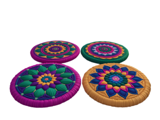 Colorful embroidered circular mats with floral patterns isolated on a transparent background
