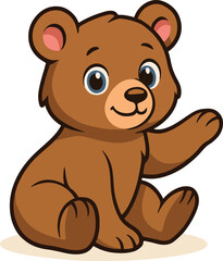 Adorable Cartoon Bear Cub Sitting Down and Waving Its Paw in a Cheerful Greeting