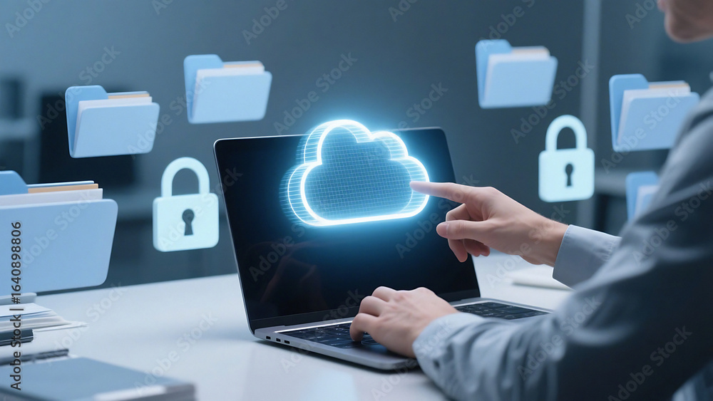 Poster person interacting with a digital cloud interface on a laptop for data storage and security