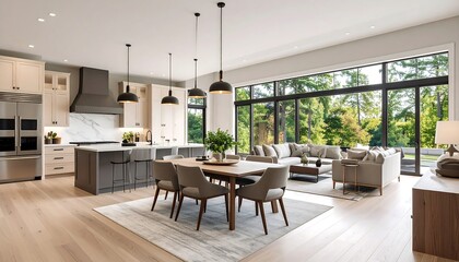 Modern OpenConcept Kitchen  Living Room with Forest View with Luxury Home Design.