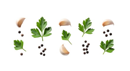Fresh parsley leaves, garlic cloves, and peppercorns artfully arranged for culinary inspiration and vibrant flavor enhancement
