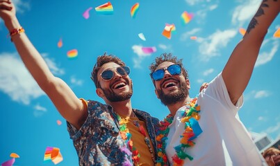 Inclusive happy gay male couple celebrating LGBTQ+ rights at a Pride parade. The image captures a candid moment of love and inclusivity under a rainbow sky, Generative AI
