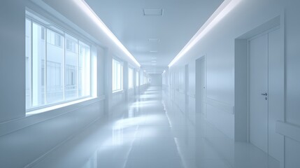 Clean Modern Hospital Corridor with Doors and Windows in a Minimalist Style for Healthcare Concepts