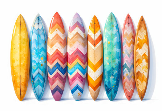 The cheerful colors and unique chevron designs make these surfboards stand out, adding a whimsical touch to any project.