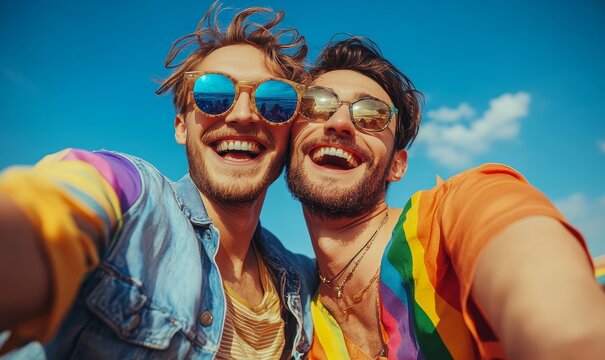 Inclusive happy gay male couple celebrating LGBTQ+ rights at a Pride parade. The image captures a candid moment of love and inclusivity under a rainbow sky, Generative AI
