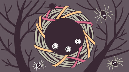 Spooky halloween nest with googly eyes and spiders on dark tree branches