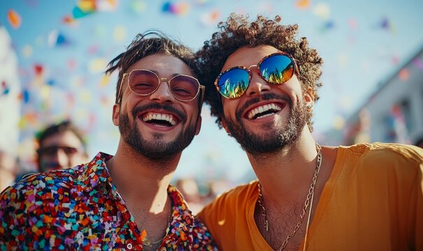 Inclusive happy gay male couple celebrating LGBTQ+ rights at a Pride parade. The image captures a candid moment of love and inclusivity under a rainbow sky, Generative AI