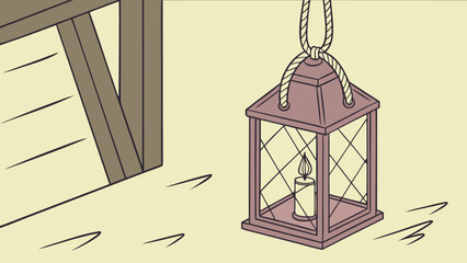 A vintage hanging lantern with a lit candle inside casting a warm glow next to rustic wooden planks evoking a sense of historical ambiance
