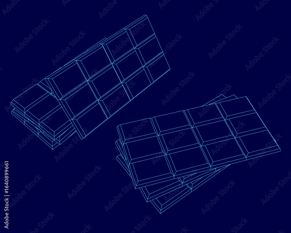 Poster a stack of chocolate bars in blueprint style, neatly arranged with distinct shapes and textures. the