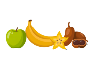 Green apple yellow banana starfruit brown tamarinds isolated on a transparent background image