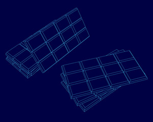 A stack of chocolate bars in blueprint style, neatly arranged with distinct shapes and textures. The dark chocolate contrasts sharply against the blue background.