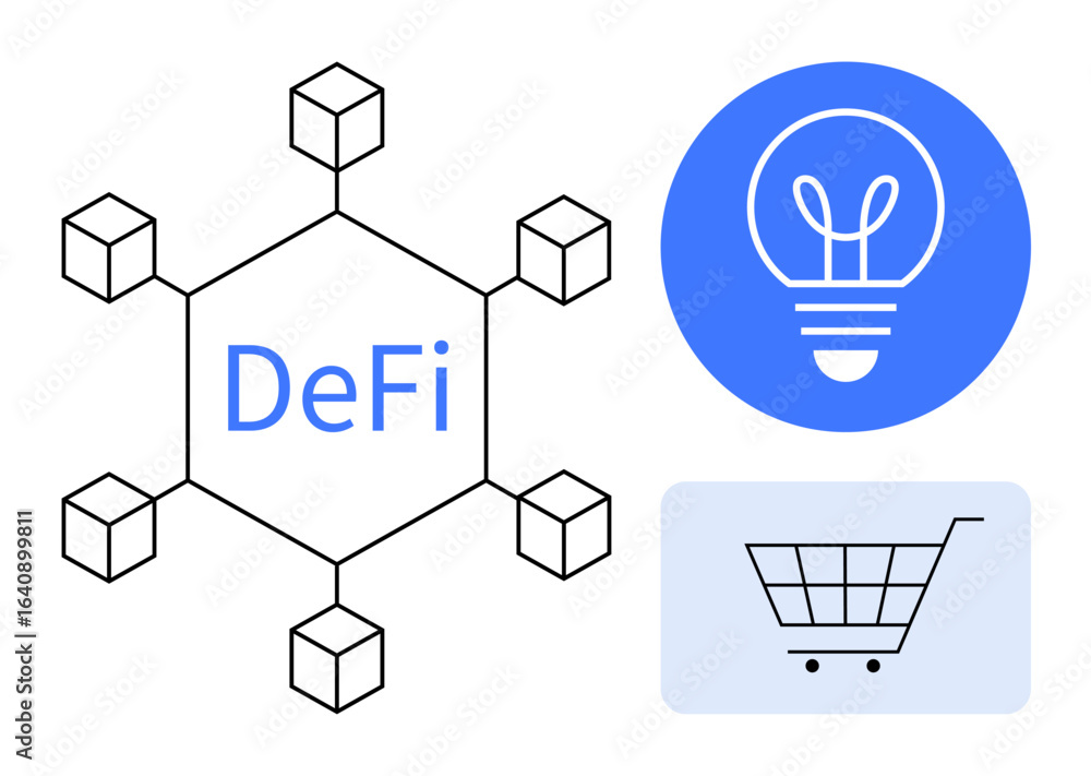 Aufkleber decentralized blockchain nodes with defi text, a lightbulb for innovation, and a shopping cart for e