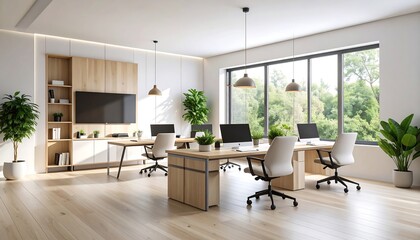 Fototapeta premium Modern openplan office space with workstations with large windows, and and wooden design.