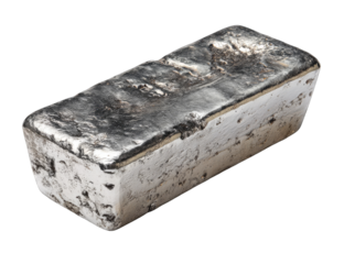 Rectangular ingot of metal, dark gray and light gray mottled surface, uneven texture, isolated on black background