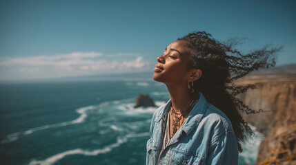 A woman with long hair is standing on a cliff overlooking the ocean