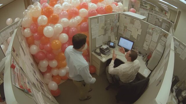 Colleagues prank a coworker by filling the entire office with pastel balloons &mdash; static overhead wide-angle view