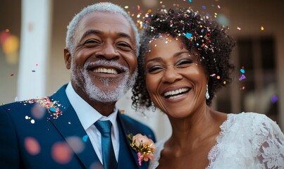 Happy elderly African American couple getting married, showered with confetti on their wedding day. This candid image captures the love and celebration of senior Black couples, Generative AI