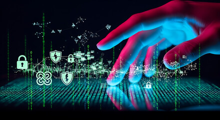 Hand interacting with digital security interface over binary code and security icons display