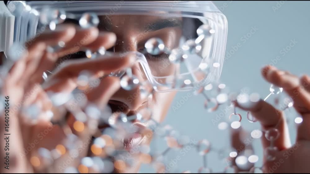 Poster scientist explores molecular structures with advanced glasses in laboratory setting