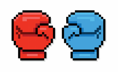 Pixel art of boxing gloves. Pixelated blue and red boxing gloves for logo, icon, emblem, and design element.