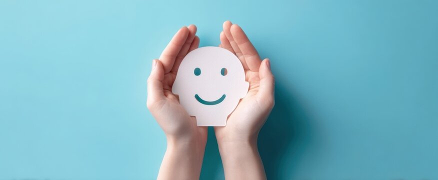 The hands holding a cheerful smiley face symbol on a blue background.