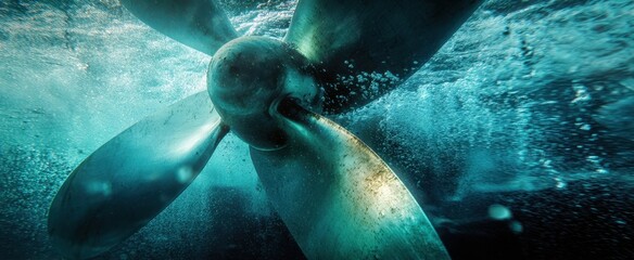 The underwater view of a gigantic ship propeller creating waves and currents.