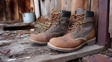 Pair of worn brown leather work boots with laces, placed on old weathered wooden floor against rustic background, vintage outdoor footwear