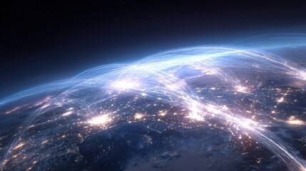 Global Communication Network: A High-Angle View of City Lights and Interconnected Data Streams Overlaying the Earth