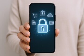 Secure Mobile Banking App: Hand Holding Smartphone with Security Lock Icon for Digital Safety