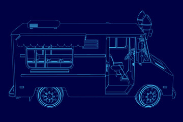 An ice cream truck blueprint features detailed vehicle contours on a vibrant blue background. The design includes wheels, serving windows, and decorative elements.