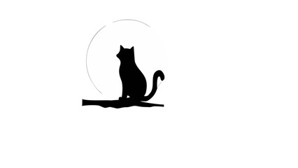 Silhouette of a cat sitting on a branch with a moon in the background in black and white drawing style