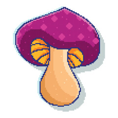 Pixel Art Blue And Orange Mushroom With Shading. Retro-style video game mushroom icon, perfect for gaming assets, pixel art projects, 8-bit designs, and sticker collections.