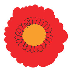Red Flower With Wide Petals And Decorative Yellow Center Dot. Delicate cartoon wild plant. Cute nature herb perfect for invitations, cards, posters, holidays, stickers.