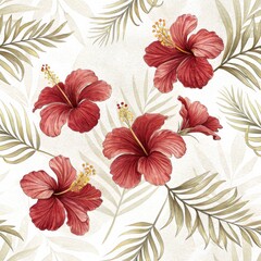 Vibrant red hibiscus flowers tropical garden floral pattern botanical art close-up view nature beauty