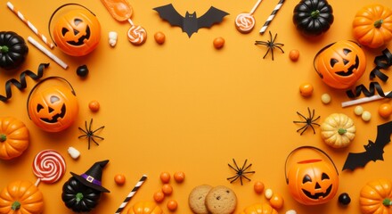 Halloween celebration decor festive orange background party supplies fun environment creative viewpoint spooky concept for seasonal festivities