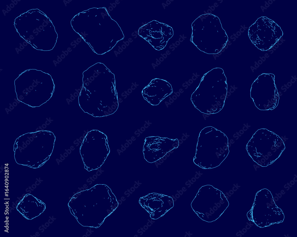 Poster blue rocks arranged in a neat pattern with unique shapes and textures. the striking contrast highlig