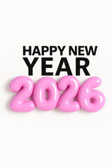 Happy New Year 2026 with black headline and glossy pink 3D balloon numbers on a clean white background; minimal festive typography.
