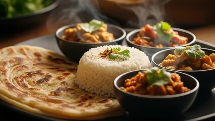 Indian cuisine with rice, naan, and flavorful curries steaming perfect for food blogs, menus, restaurants, and cultural publications.