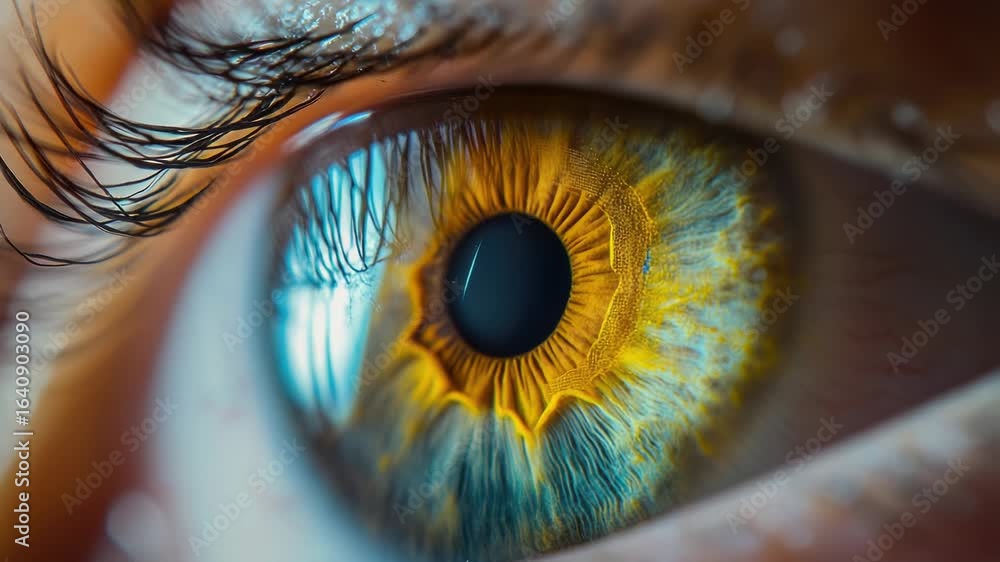 Poster a close-up shot of an individual's eye featuring a bright yellow iris, ideal for representing unique
