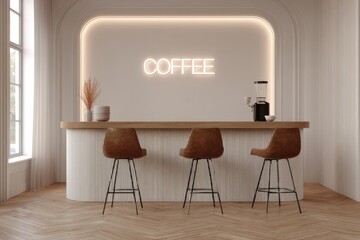Beige coffee bar with neon sign