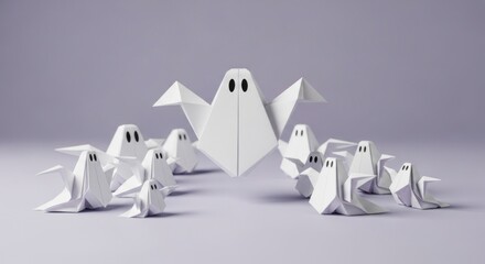 Origami ghosts gathering on a plain surface, spooky paper figures for Halloween celebration