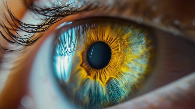 A close-up shot of an individual's eye featuring a bright yellow iris, ideal for representing unique characteristics or emphasizing visual details in various contexts