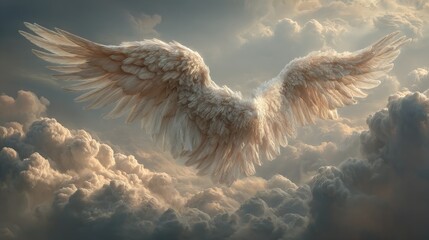 Pair of large, fluffy white angel wings against a cloudy sky