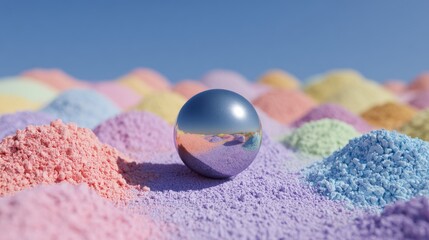 A shiny silver ball is sitting on a colorful pile of sand